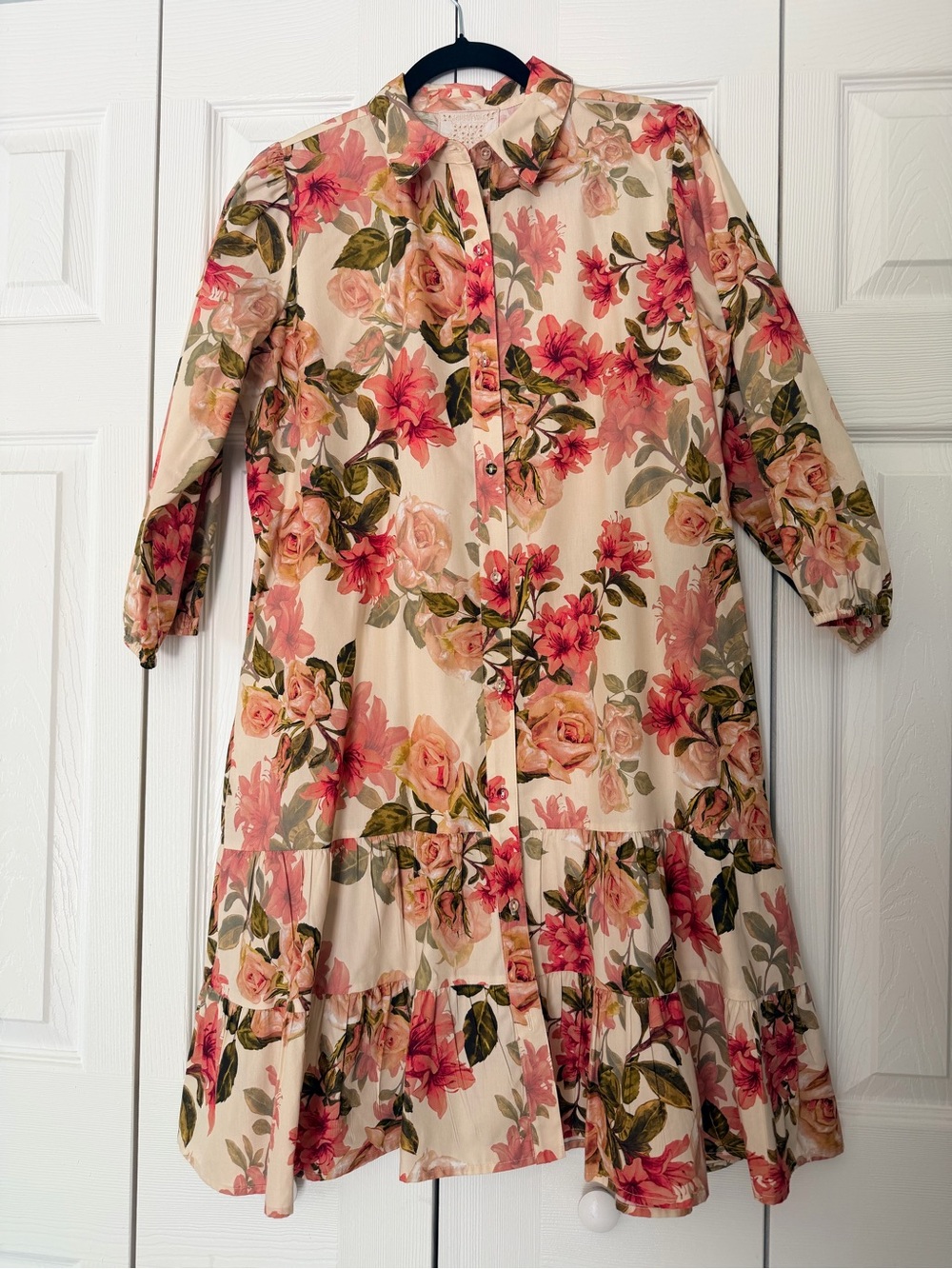 Johnny Was Jade 100% Cotton Floral Shirtdress in Cream and Pink Size M